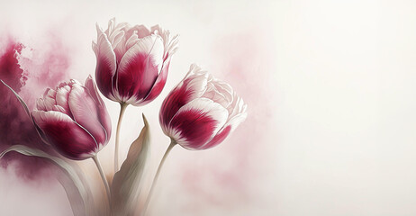 Tulipany w kolorze bordo, wiosenne kwiaty. Jasne pastelowe tło, puste miejsce na tekst, zaproszenie - obrazy, fototapety, plakaty