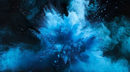 Fotobehang blaue Farbexplosion vor dunklem Hintergrund, rauchender Knall, Explosion aus Pulver © MONO