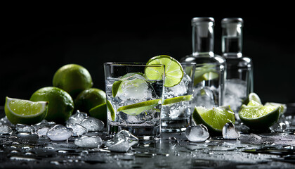 Bottle and glasses of vodka with lime on black background