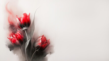 Tło kwiaty, czerwone tulipany, puste miejsce na tekst, zaproszenie. Jasne białe tło. Kartka na życzenia. Papier dekoracyjny - obrazy, fototapety, plakaty