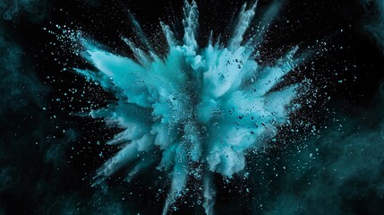 blaue Farbexplosion vor dunklem Hintergrund, rauchender Knall, Explosion aus Pulver