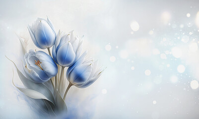 Tapeta kwiaty, niebieskie tulipany. Pastelowe jasne tło. Puste miejsce na tekst, zaproszenie. Kartka na życzenia