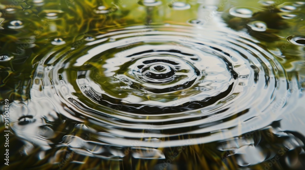 Poster Raindrops falling on a tranquil pond, creating concentric circles that ripple outwards in mesmerizing patterns.