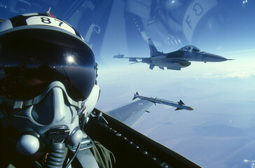 The photo captures the view of an F16 fighter jet pilot seen through his helmet visor from inside another aircraft flying alongside. Ahead, the vast expanse of clear blue sky stretches out with no vis