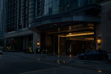 Modern office building windows lit in evening night early morning long working hours exhaustion overtime exterior urban architecture skyscraper lights tower financial sector banking hq headquarters