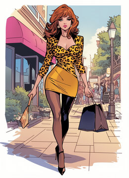 Femme sexy en tenue l&eacute;opard et mini-jupe dans la rue apr&egrave;s une session de shopping, arch&eacute;type des ann&eacute;es 80