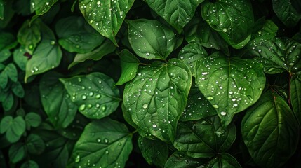 Raindrops glistening on vibrant green leaves, capturing the serene beauty of a rainy day in the forest.