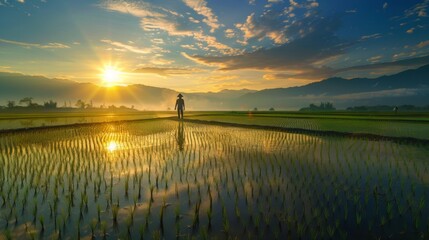 Rice fields glowing under the soft light of dawn, with a farmer surveying the tranquil landscape. - obrazy, fototapety, plakaty