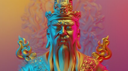 Obraz premium Statues of Chinese gods, atmosphere, pop art, synthwave 80's in art design.