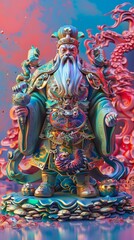 Statues of Chinese gods, atmosphere, pop art, synthwave 80's in art design.