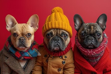 Three small dogs in coats and scarves