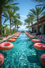 Long pool with inflatable floats and palm trees