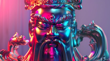 Statues of Chinese gods, atmosphere, pop art, synthwave 80's in art design.