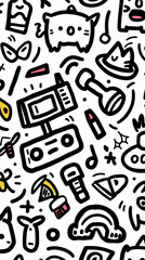 A seamless pattern of various objects drawn in a childlike style. The objects include animals, food, toys, and everyday items.