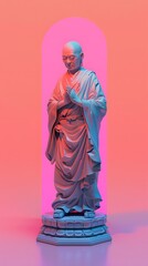 Japanese monk statue, minimalist style in synth 80s art design.