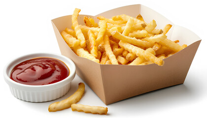 Paper box with tasty french fries and bowl of ketchup on white background - obrazy, fototapety, plakaty