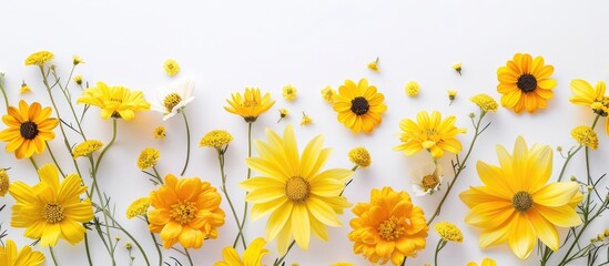 Floral arrangement featuring a variety of yellow flowers set against a white backdrop. Signifying Easter, spring, and summer themes. Presented in a top-down view with space for text.