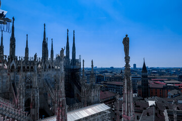 External view of Milan Cathedral (Duomo di Milano) from the rooftop, Milan, Lombardy, Italy,...
