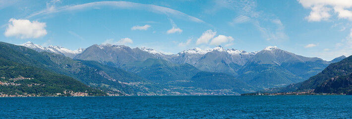 Lake Como (Italy) summer  view from ship board. Panorama.