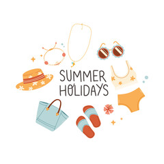 Summer card with holiday elements and calligraphy quotes. Positive phrases for stickers, postcards or posters. Hello summer quotes.