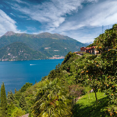 Alpine Lake Como summer view from shore (Italy)
