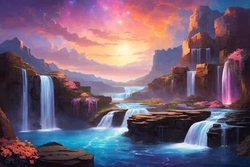 Poster Sunset Waterfall Landscape Background, Enchanting Celestial Waterfall Wallpaper, Painting of a waterfall, Fantasy landscape with waterfall and sunset, Waterfall in the mountains, AI Generative © Forhadx5
