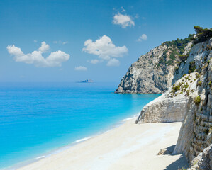 Beautiful summer white Egremni beach on Ionian Sea (Lefkada, Greece)  summer view from nearest rock