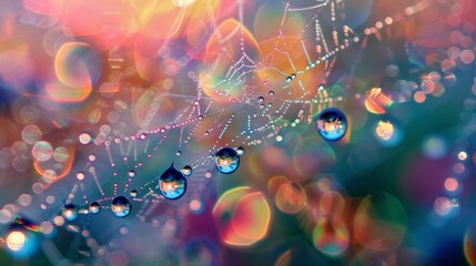 Water droplets clinging to a spider's web, refracting light and creating a dazzling display of shimmering colors in a dewy morning.