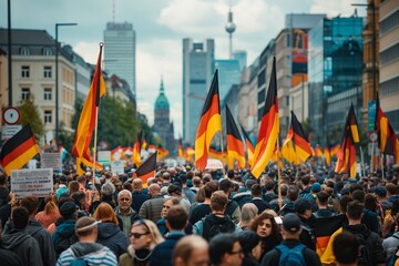 germany Large crowd at protest backgroun dholding placard marching against german government's planned pension reform to push the retirement age dissatisfied with politics and laws a flag in his hands