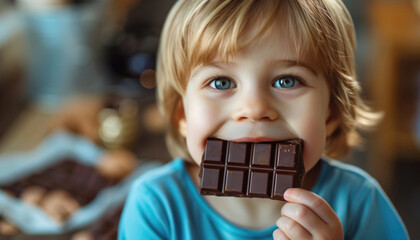 Boy child eating chocolate bar