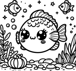 Naklejka premium Fish black outline children coloring book illustration.