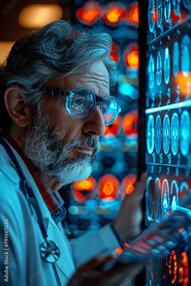Poster neurologist analyzing brain scans on computer