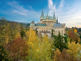 Aerial View of Bojnice Castle in a Neo-Gothic Romantic style - UNESCO Heritage, Slovakia. Panoramic...