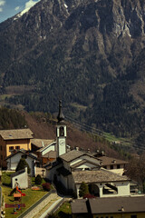 View of the bell tower of the church of Valgoglio.