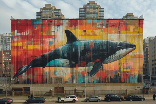 Vibrant mural of a whale on building - Powered by Adobe
