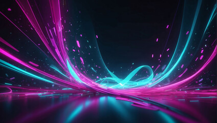 Vibrant 3D visualization, Abstract cyan-magenta neon background. Speed of light, motion-blurred lines, and bokeh lights.
