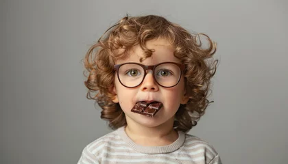 Fotobehang Funny child boy in glasses eats chocolate © Michael