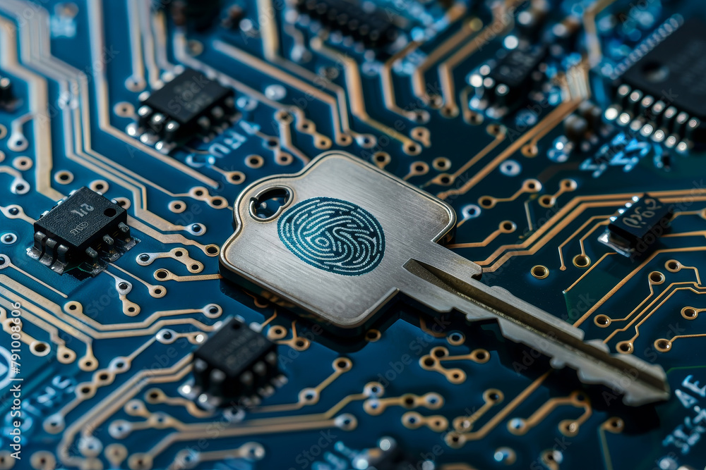 Aufkleber a key is on a circuit board with a fingerprint on it