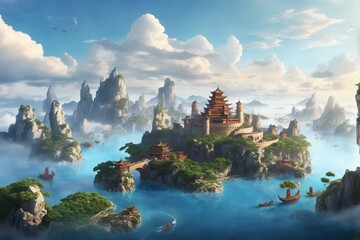 Floating Castle in Clouds, Chinese style Fantasy Castle and islands floating in the sky, Mountain Castle, Chinese fantasy landscape, fantasy castle on a rock, floating island, AI Generative - obrazy, fototapety, plakaty
