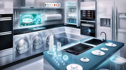 Futuristic Kitchen with appliances connected to smart home system - obrazy, fototapety, plakaty