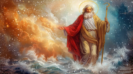 Fototapeta premium Saint Spirit walking on sea surface, renaissance style painting