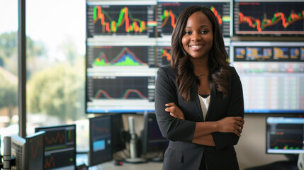 Professional African-American woman financial expert stands confidently in a trading room with multiple screens displaying market data