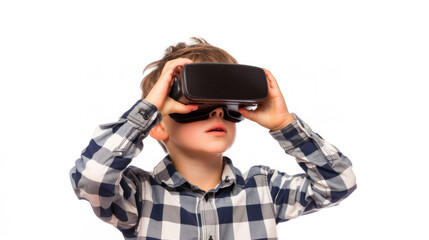 Small boy wearing virtual reality headset, studio shot on white background