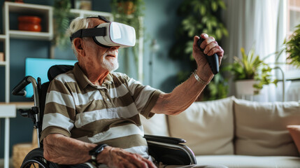 Naklejka premium Old man in wheelchair wearing virtual reality headset - new possibilities for disabled persons concept