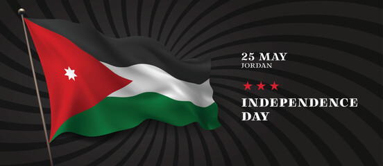 Jordan independence day vector banner, greeting card. Jordanian wavy flag in 25th of May national patriotic holiday horizontal design