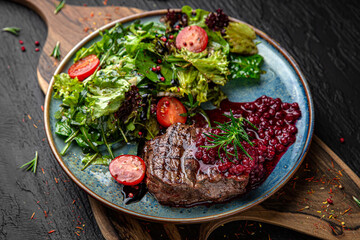 Juicy medium rare beef steak with cranberry sauce. Menu for a pub on a dark background. Colorful juicy food photography.