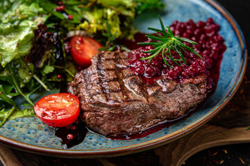 Juicy medium rare beef steak with cranberry sauce. Menu for a pub on a dark background. Colorful juicy food photography.