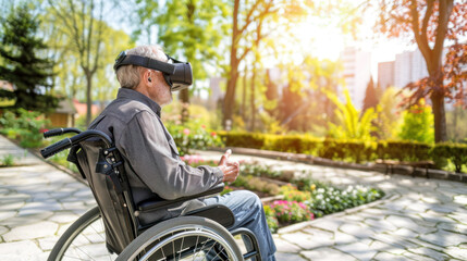 Old man in wheelchair wearing virtual reality headset