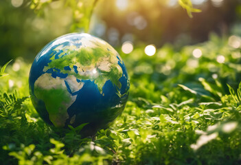 Obraz na płótnie Canvas Sustainable Earth: Globe on Lush Green Grass with Sunlight Filtering Through