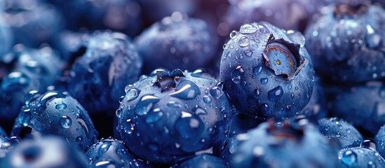 Water droplets on a ripe, sweet blueberry. Fresh blueberries in the background with space for text. Vegan and vegetarian theme. Close-up macro shot of blueberry texture.